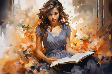 Stylized picture of a brunette woman sitting in a dress with a book, watercolor style Generative AIの素材