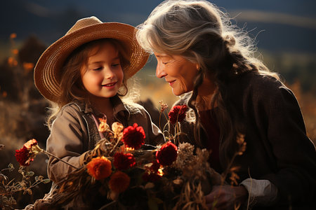 grandmother and granddaughter with flowers in nature,
  Generative AIの素材