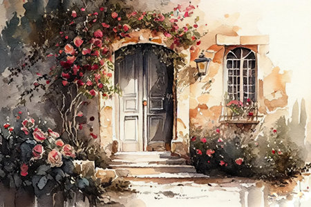 Cozy wooden door of the house, entrance to the house and flowers around, watercolor style, Generative AIの素材