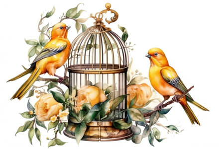 Canaries in cage illustration, watercolor style, Generative AIの素材