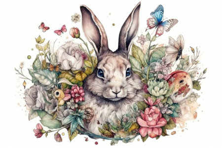 rabbit and flowers on a white background watercolor, illustration
, watercolor style, Generative AIの素材