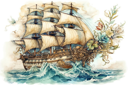 sailboat in the sea and flowers, illustration
, watercolor style, Generative AIの素材