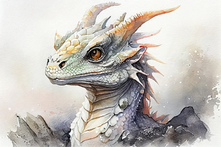 Adorable little cute white dragon on white backgroundwatercolor painting , Generative AIの素材