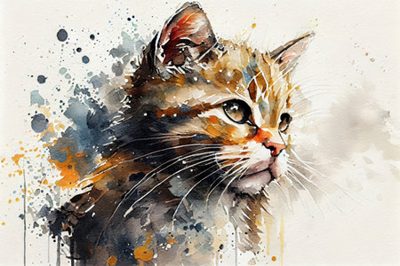 cute brown cat on white background watercolor, watercolor style, Generative AIの素材