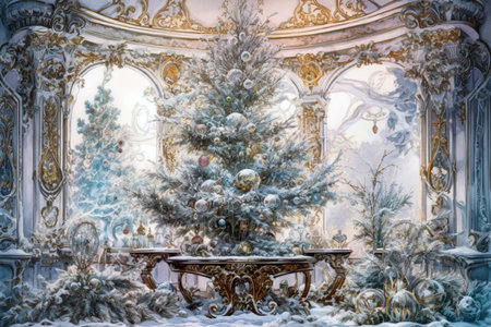 living room, ballroom with Christmas tree
, watercolor style, Generative AIの素材