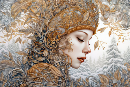 autumn portrait of a woman with frost patterns, autumn,
, watercolor style, Generative AIの素材