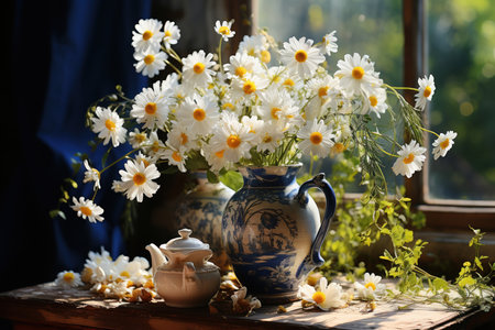 still life with daisies in the garden on a green background sunny day, Generative AIの素材