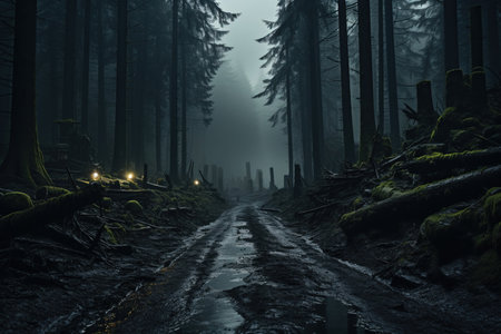 dark dangerous dense forest and fog, Generative AIの素材