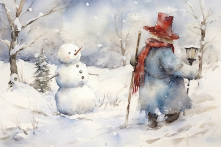 Boy and snowman. Winter postcard.
, watercolor style, Generative AIの素材
