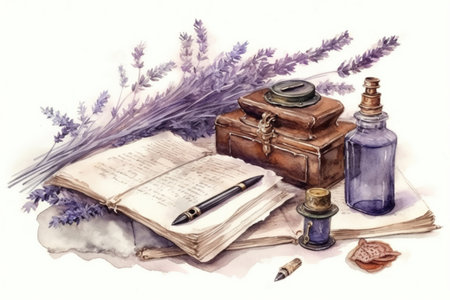 Writing utensils and lavender in retro style
, watercolor style, Generative AIの素材