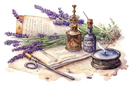 Writing utensils and lavender in retro style
, watercolor style, Generative AIの素材