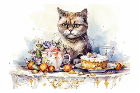 cat at the table, tea party, illustration
, watercolor style, Generative AIの素材