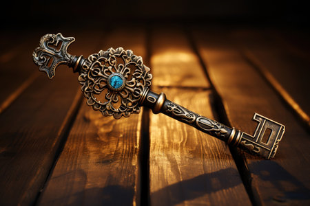 an old key lies on a light wooden table. ,
  Generative AIの素材