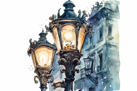 evening city and beautiful old lanterns on the street, illustration
, watercolor style, Generative AIの素材