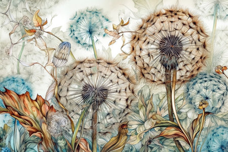 stylized fluffy flying dandelions on a light background
, watercolor style, Generative AIの素材