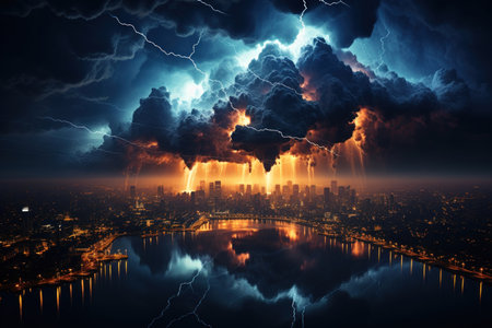 strongest thunderstorm over a modern city. Lots of lightning in the sky,
  Generative AIの素材