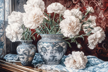 white carnations in a vase english blue porcelain still life
, watercolor style, Generative AIの素材