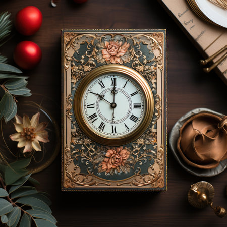 clock at Christmas, postcard in retro style, watercolor,
  Generative AIの素材