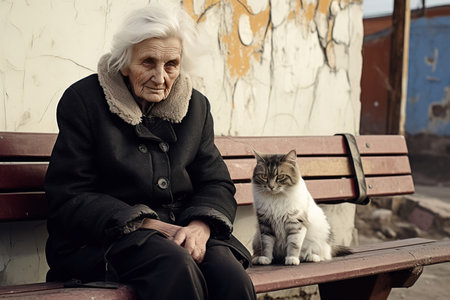 an elderly woman, a pensioner, on the street on a bench with a cat at the entrance.,
  Generative AIの素材