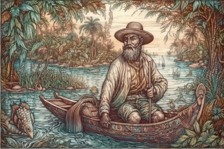 fisherman in a boat, stylized watercolor in retro style, , Generative AIの素材