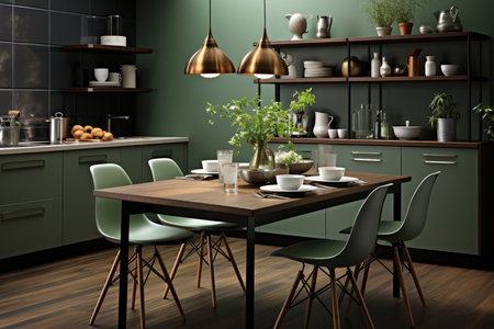 modern kitchen in green tones, Generative AIの素材