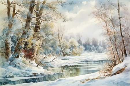 gentle watercolor winter landscape with trees and river, illustration
, watercolor style, Generative AIの素材