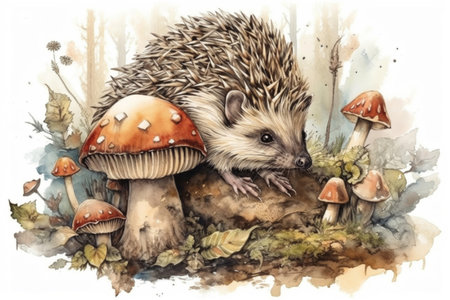 Hedgehog and mushroom in the forest on a light background, funny picture in cartoon style
, watercolor style, Generative AIの素材