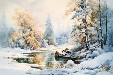 gentle watercolor winter landscape with trees and river, illustration
, watercolor style, Generative AIの素材