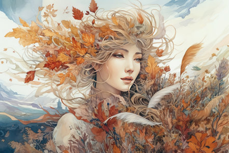 Autumn portrait of a woman. , illustration
, watercolor style, Generative AIの素材