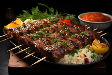 Chinese kebabs on bamboo skewers, top view
  Generative AIの素材