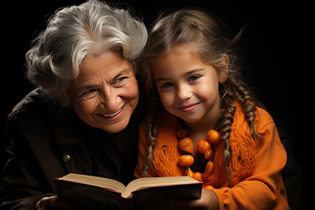 grandmother and granddaughter reading a book,
  Generative AIの素材
