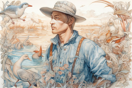 fisherman in a boat, stylized watercolor in retro style, , Generative AIの素材