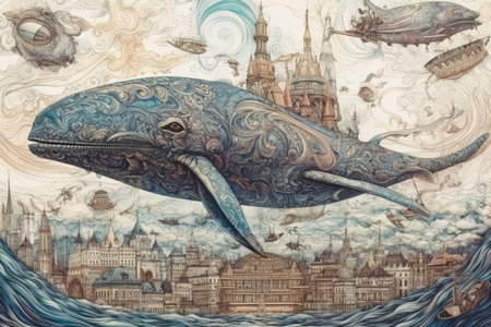 Whale flying over the city, illustration, watercolor style, Generative AIの素材