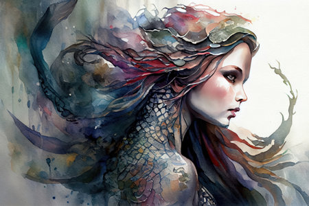 mermaid portrait
, watercolor style, Generative AIの素材