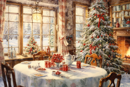 living room, ballroom with Christmas tree
, watercolor style, Generative AIの素材