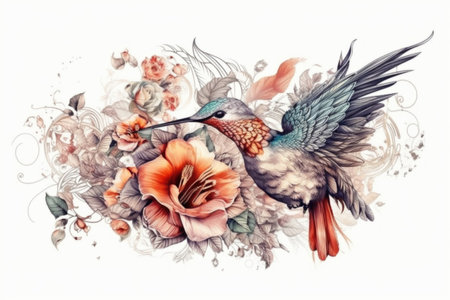 Hummingbird near a flower on a white background
  watercolor style, Generative AIの素材