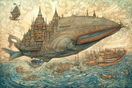 whale flying over the city, illustration
, watercolor style, Generative AIの素材