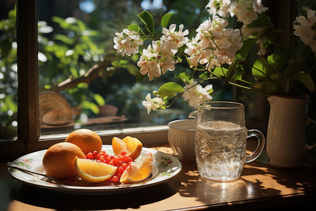 Breakfast, table set by the window in summe, tea cups and a vase of flowers,
  Generative AIの素材