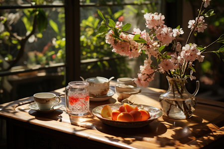 Breakfast, table set by the window in summe, tea cups and a vase of flowers,
  Generative AIの素材