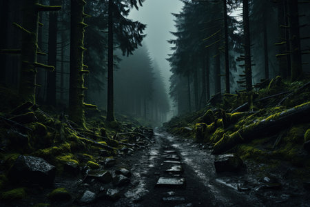 dark dangerous dense forest and fog, Generative AIの素材
