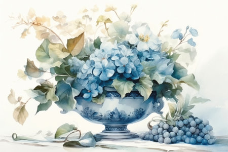 watercolor drawing, chic bouquet of blue flowers in a blue vase, vintage style, on a white background
, watercolor style, Generative AIの素材