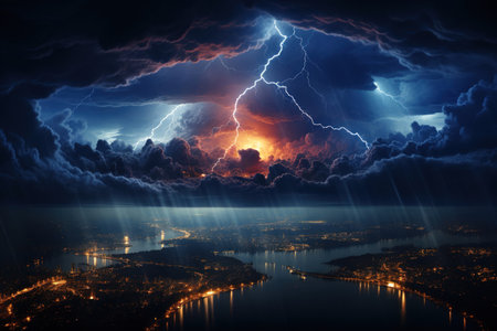 strongest thunderstorm over a modern city. Lots of lightning in the sky,
  Generative AI