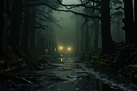 dark dangerous dense forest and fog, Generative AIの素材