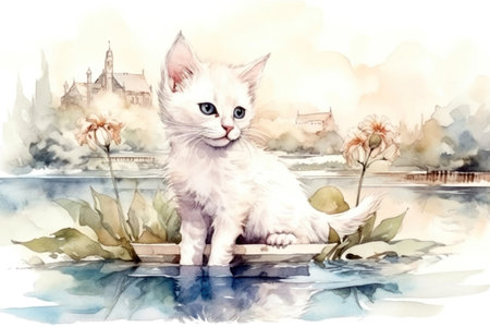 cute kitten near the water watercolor
, watercolor style, Generative AIの素材