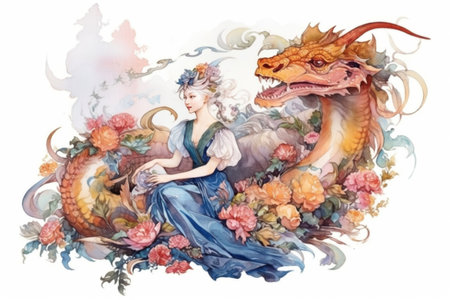 princess and dragon among flowers on a white background
, watercolor style, Generative AIの素材