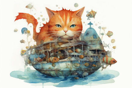 Cat and fish, watercolor style, Generative AIの素材