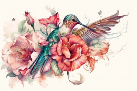 Hummingbird near a flower on a white background
  watercolor style, Generative AIの素材