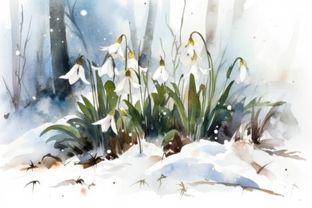 primrose flowers under the snow in the forest, illustration
, watercolor style, Generative AIの素材