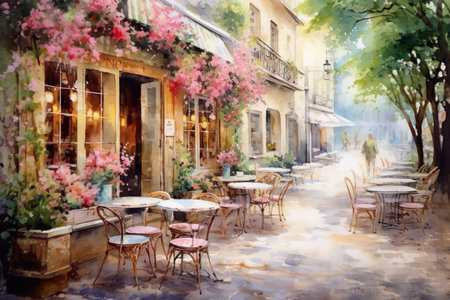 Summer street cafe, tables on the street without people, many flowers, watercolor style, Generative AIの素材