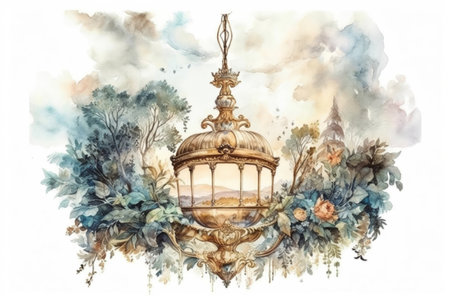 On light gold pendants lamps of heaven swayed, on a white background,
, watercolor style, Generative AIの素材